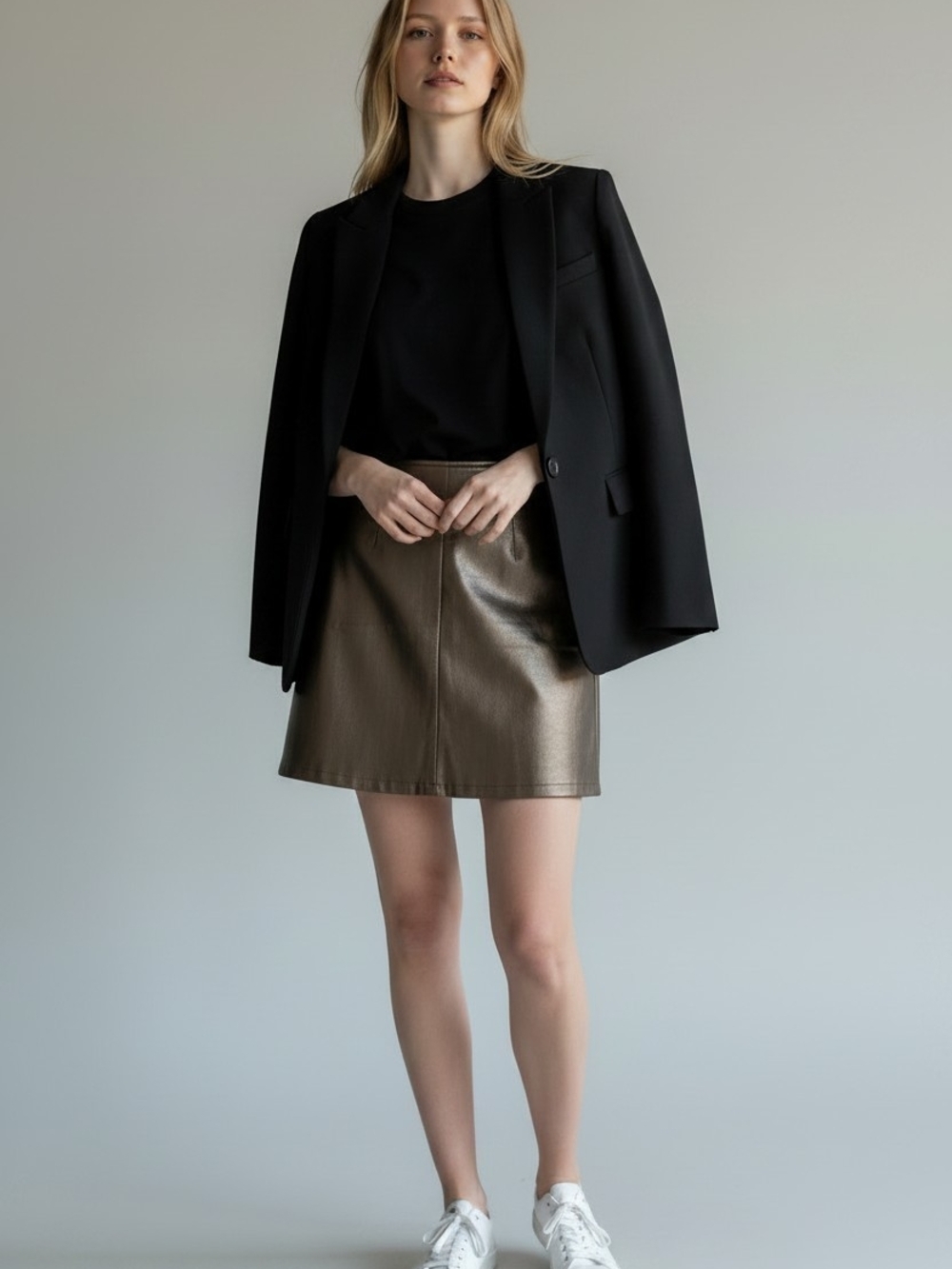 Sleek Faux Leather Mini Skirt in Metallic Olive